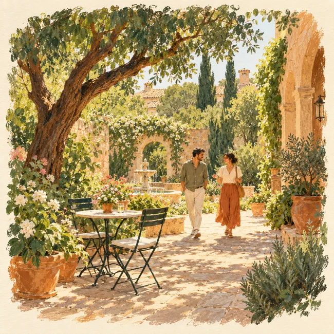 Original painted illustration of two adults enjoying a quiet garden walk.